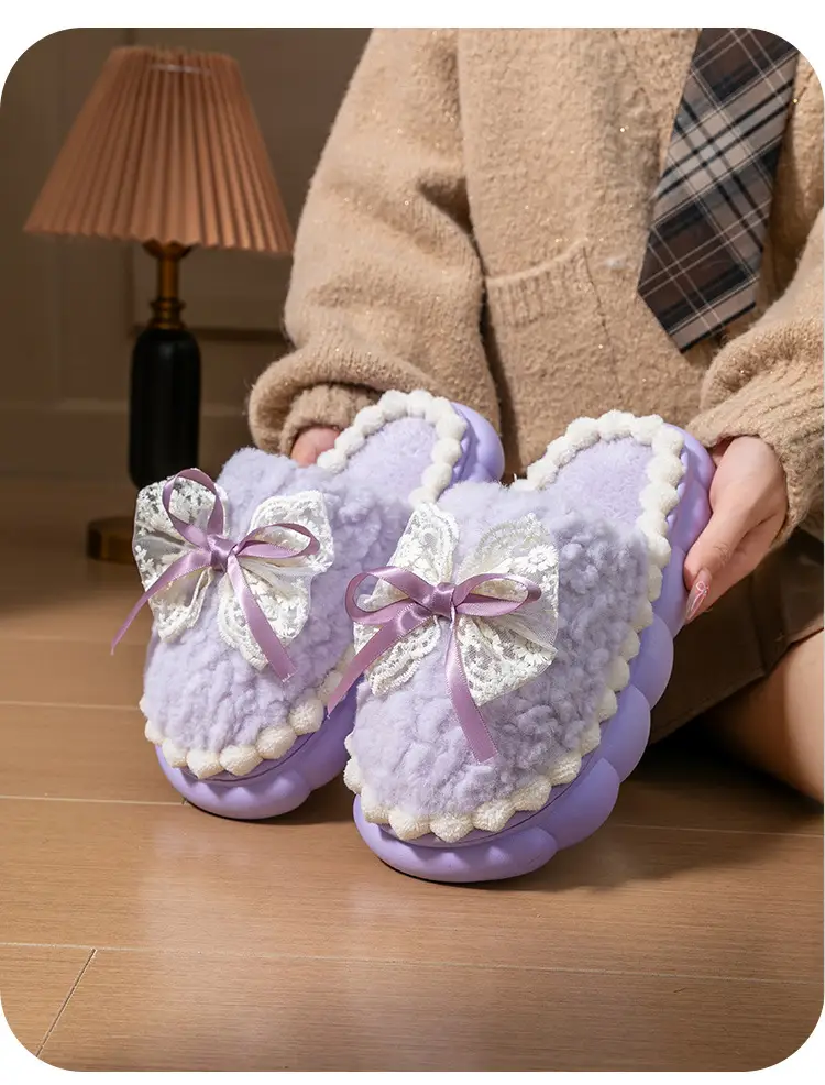 Women Cotton Bow Slippers Winter Warm Indoor — feature 18