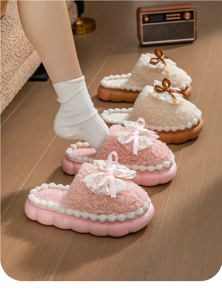 Women Cotton Bow Slippers Winter Warm Indoor — feature 24