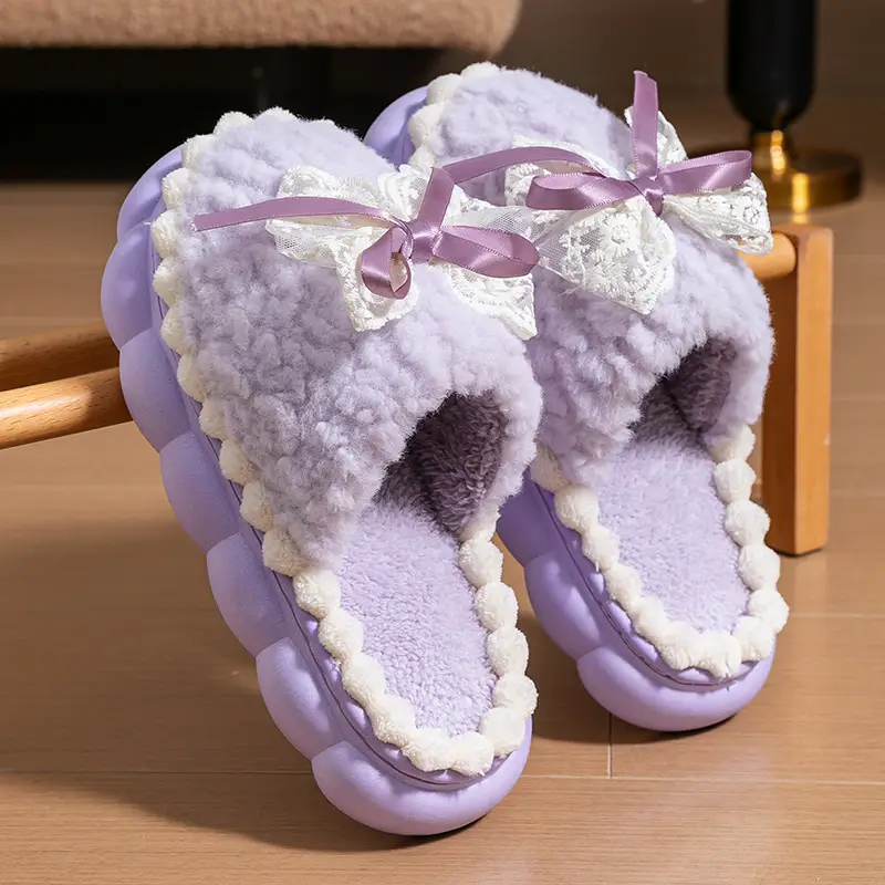 Women Cotton Bow Slippers Winter Warm Indoor - Image 3
