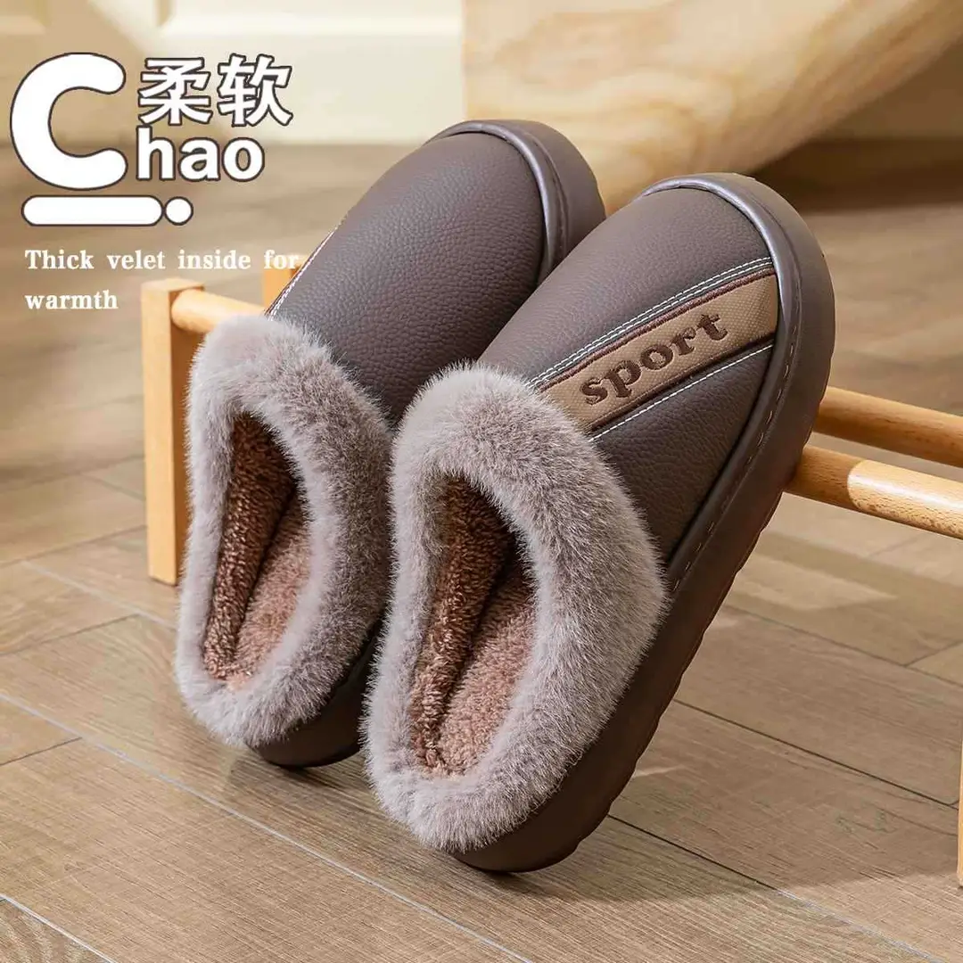 Waterproof Winter Cotton Slippers for Women, Non-Slip, Wear-Resistant and Warm, Couples Home Indoor Pu Leather Slippers for Men to Wear Outside in Winter - Image 4