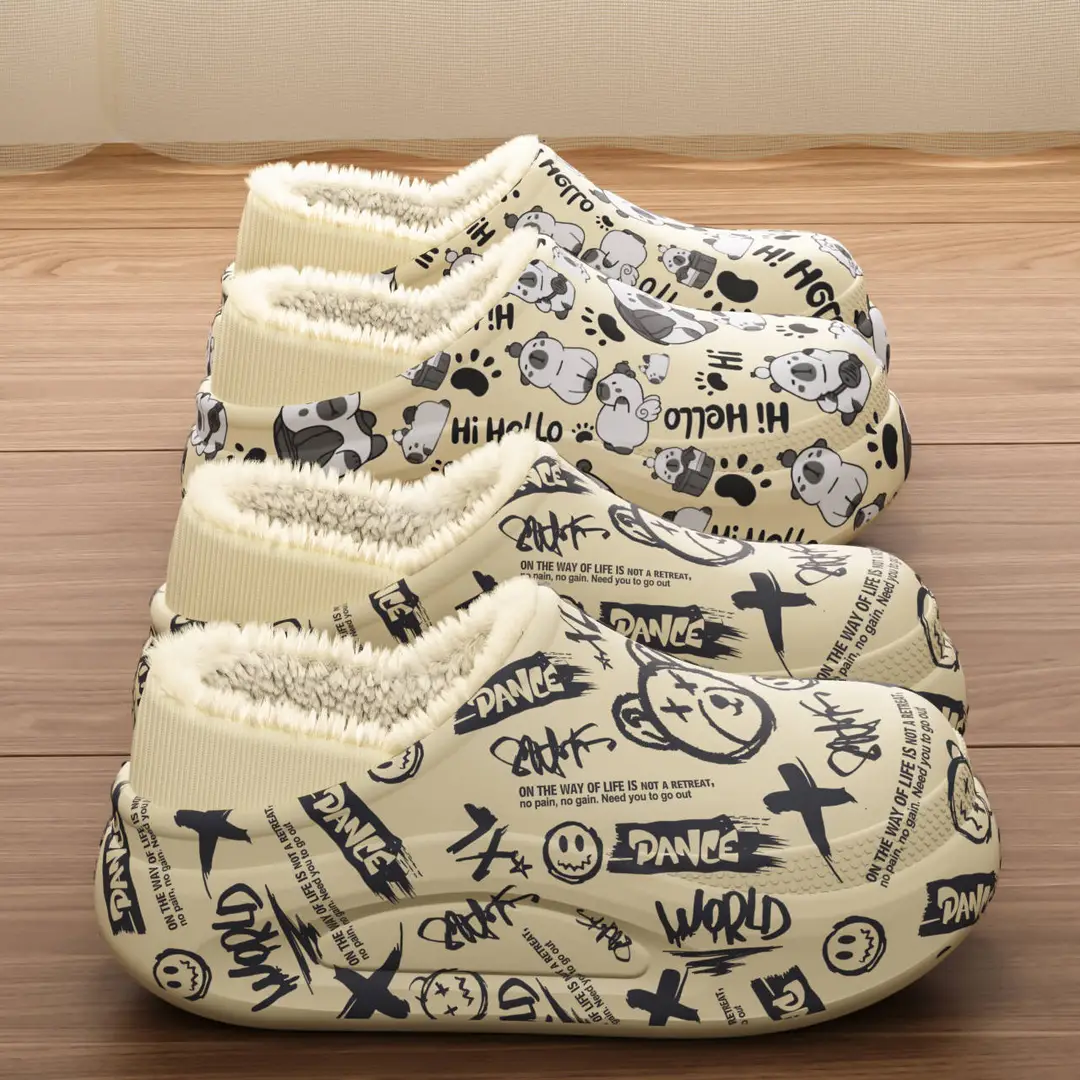 Autumn and Winter Trendy Graffiti Men's Cotton Slippers Fleece-Lined to Heattech Home Indoor Eva Thick-Soled Outer Cotton Shoes Wholesale - Image 4