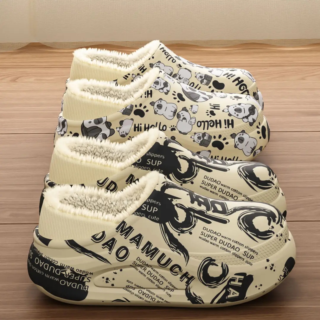 Autumn and Winter Trendy Graffiti Men's Cotton Slippers Fleece-Lined to Heattech Home Indoor Eva Thick-Soled Outer Cotton Shoes Wholesale - Image 5