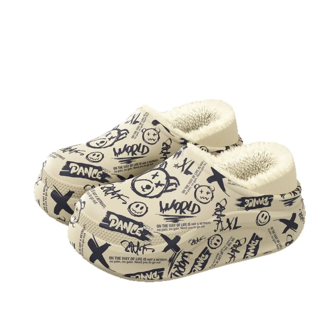Autumn and Winter Trendy Graffiti Men's Cotton Slippers Fleece-Lined to Heattech Home Indoor Eva Thick-Soled Outer Cotton Shoes Wholesale - Image 8