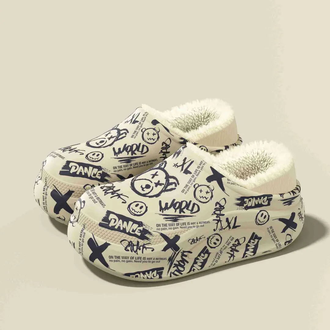 Autumn and Winter Trendy Graffiti Men's Cotton Slippers Fleece-Lined to Heattech Home Indoor Eva Thick-Soled Outer Cotton Shoes Wholesale — feature 5