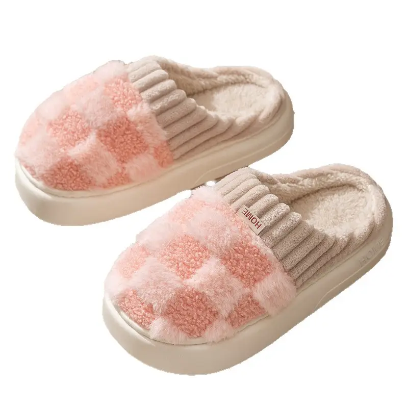 C10 Square Pattern 2025 Plush Cotton Slippers with Added Fleece, Warm, Non-Slip, Solid Color, Suitable for Indoor and Outdoor Use, High-End Cotton Slippers for Women