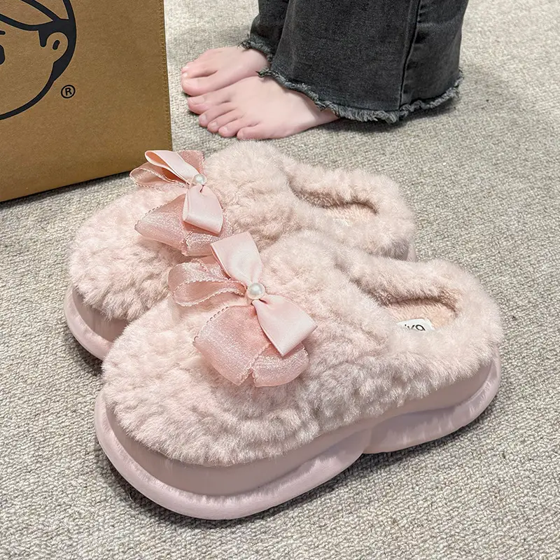 Pink Bow Knot Cotton Slippers 2025 Warm Indoor - Image 6