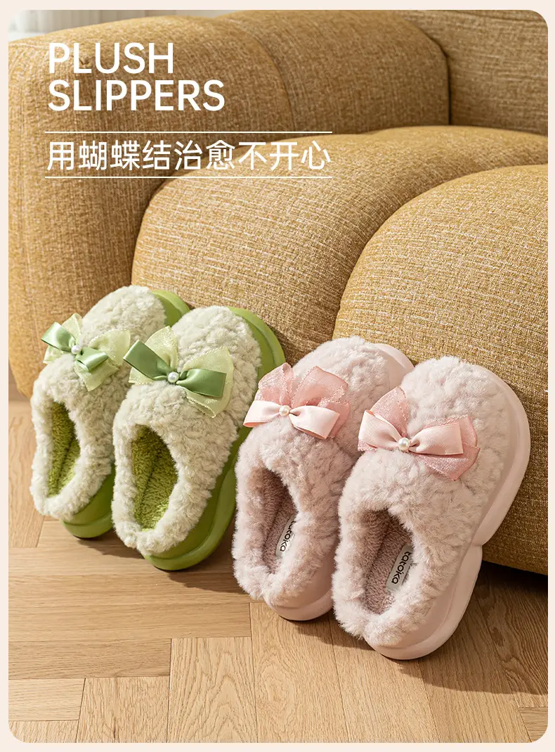 Pink Bow Knot Cotton Slippers 2025 Warm Indoor — feature 11