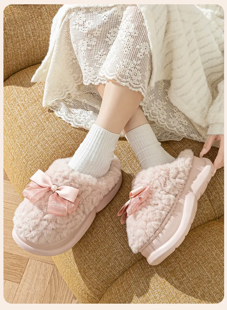 Pink Bow Knot Cotton Slippers 2025 Warm Indoor — feature 14
