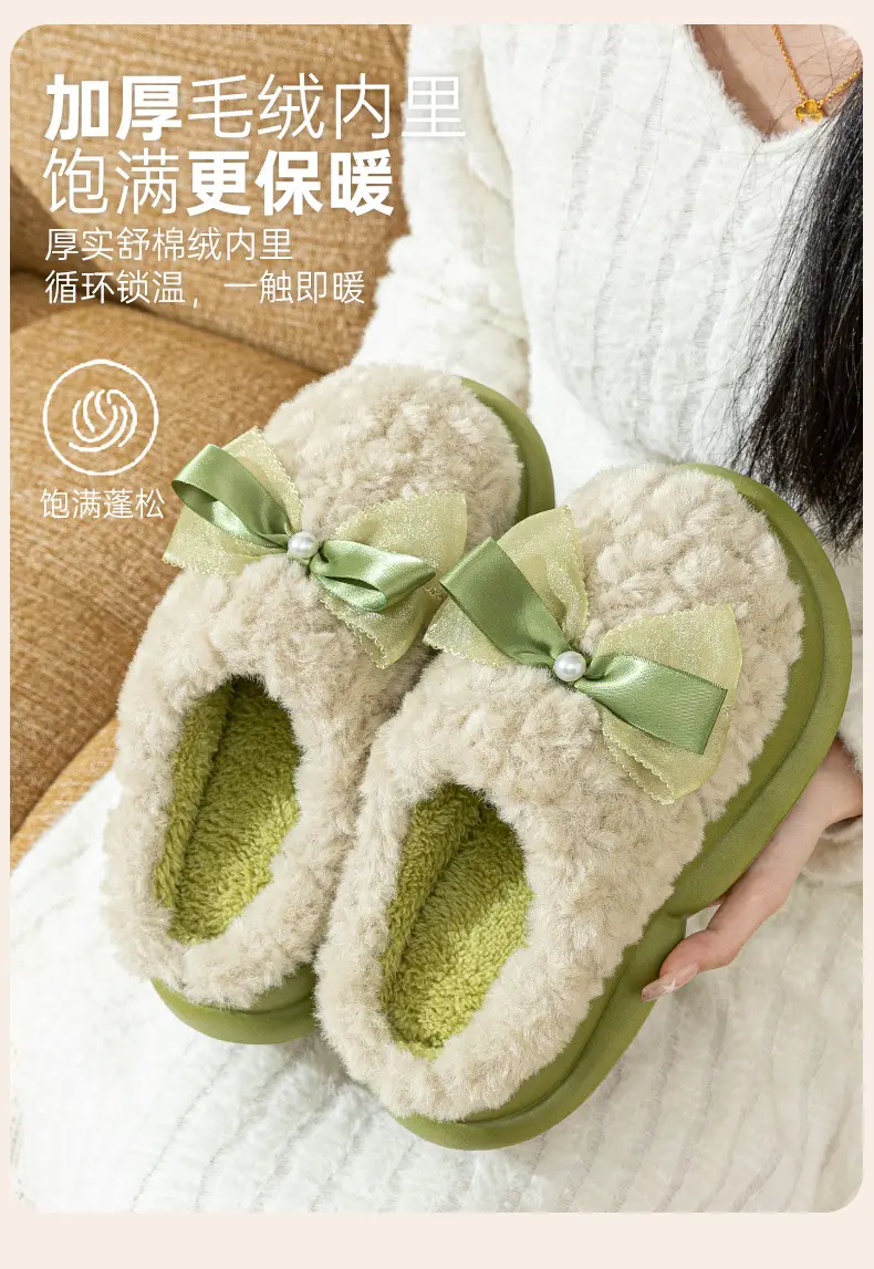 Pink Bow Knot Cotton Slippers 2025 Warm Indoor — feature 3