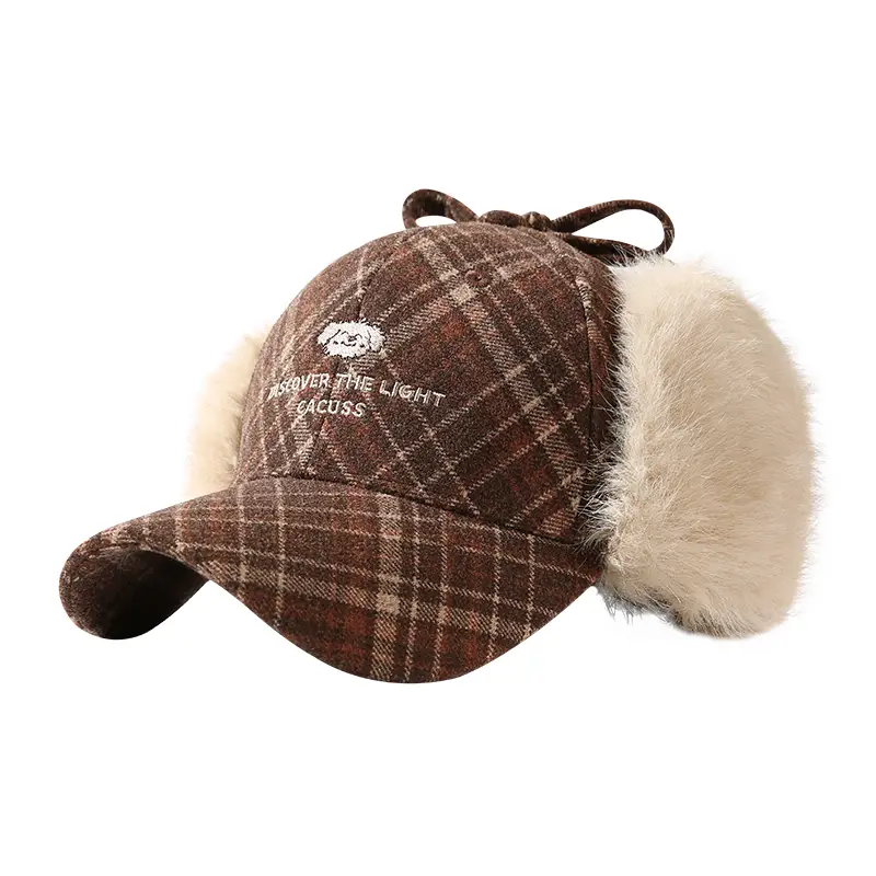 Women Plaid Ear Muffs Winter Cap Warm Peaked Hat - Image 7