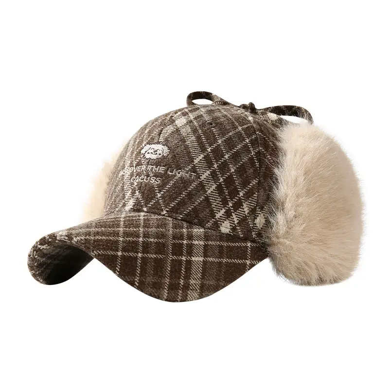Women Plaid Ear Muffs Winter Cap Warm Peaked Hat - Image 2