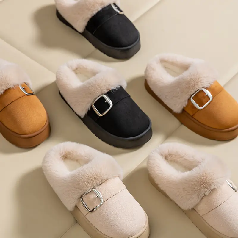 Women Cotton Slipper Winter Warm Fleece Belt Buckle