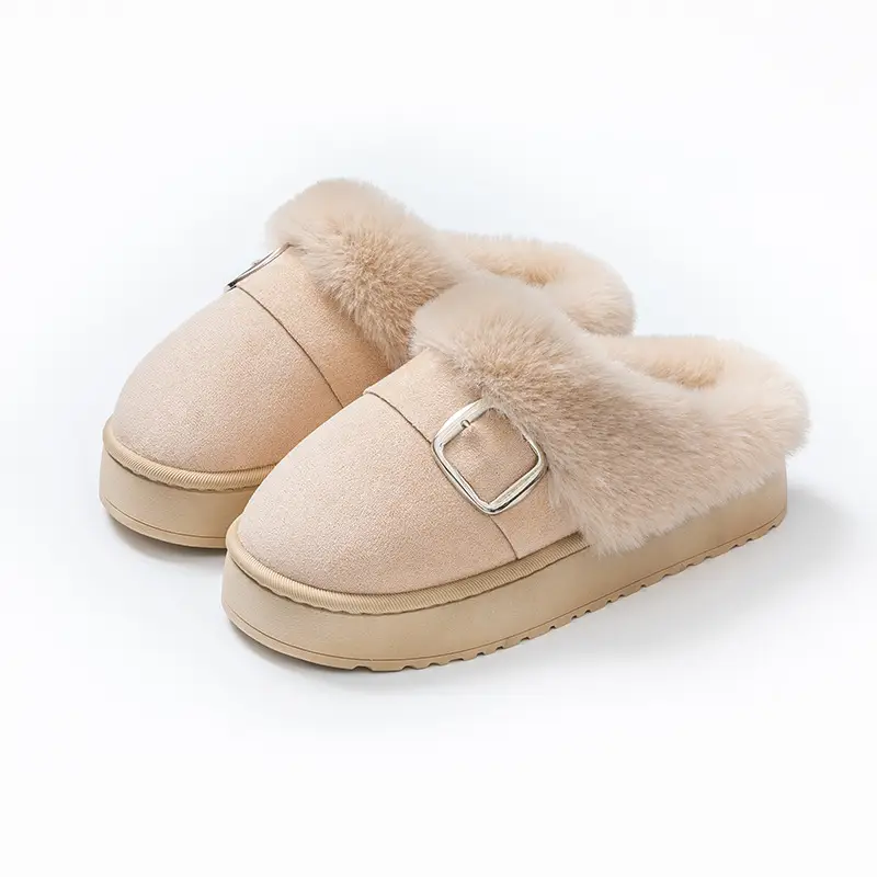 Women Cotton Slipper Winter Warm Fleece Belt Buckle