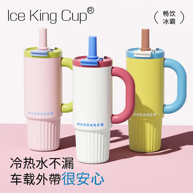 Fashionable Car-Mounted Large-Capacity Straw Ceramic Liner Insulated Cup Icebreaker Women's Outdoor Sports Insulated Kettle New Model
