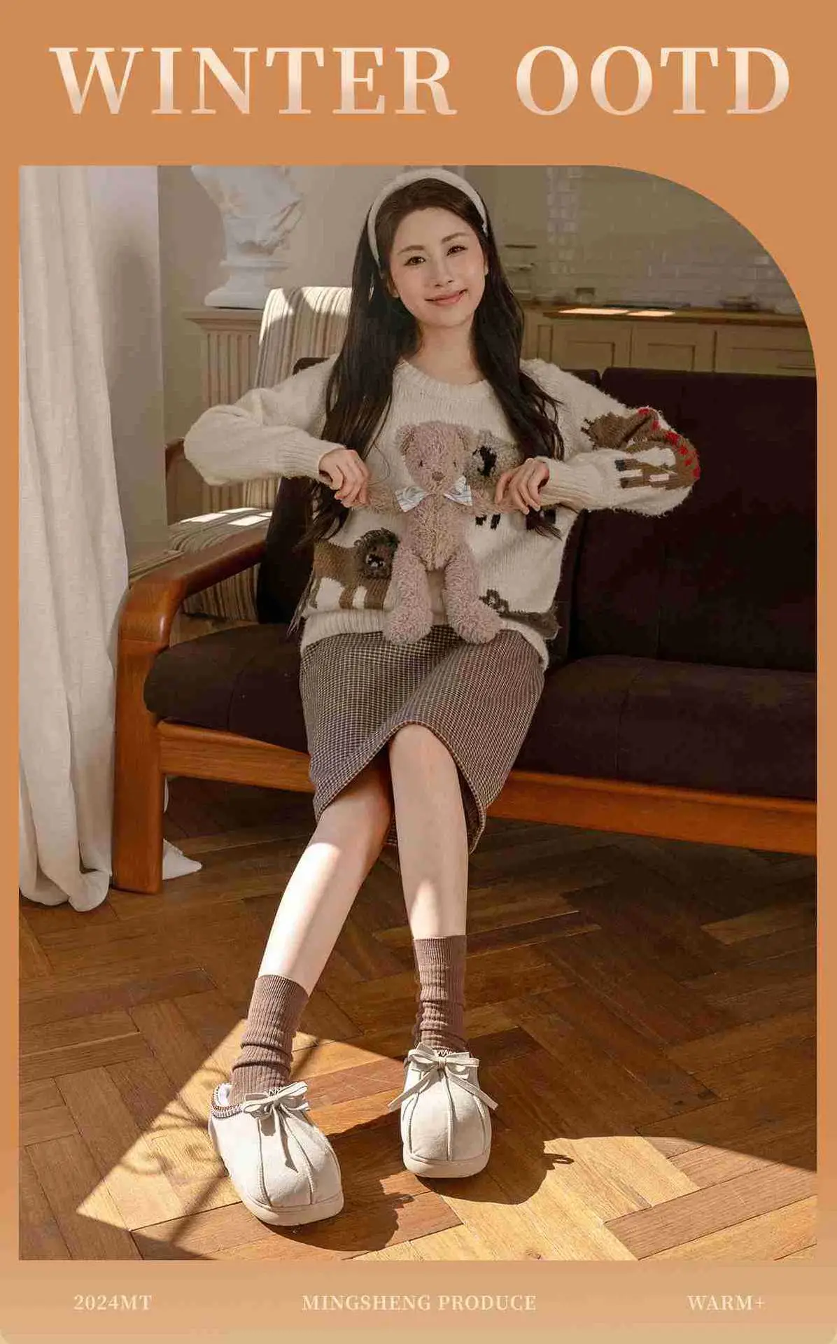 Women's 2025 Winter Closed-Toe Slippers Brown Bow — feature 1