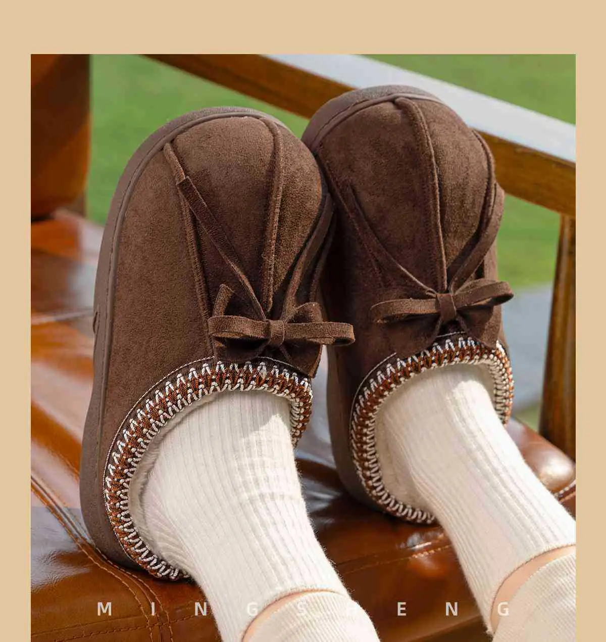 Women's 2025 Winter Closed-Toe Slippers Brown Bow — feature 11