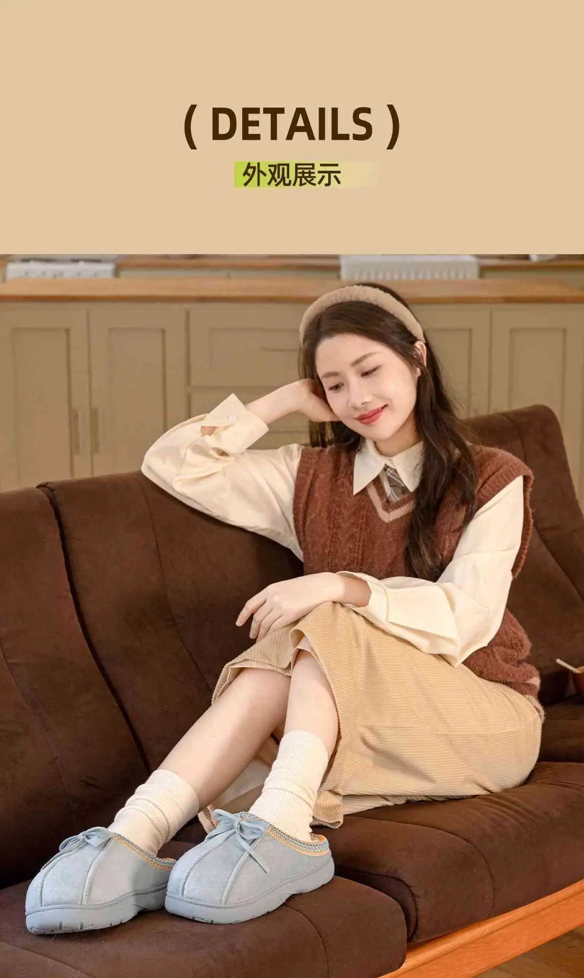 Women's 2025 Winter Closed-Toe Slippers Brown Bow — feature 12