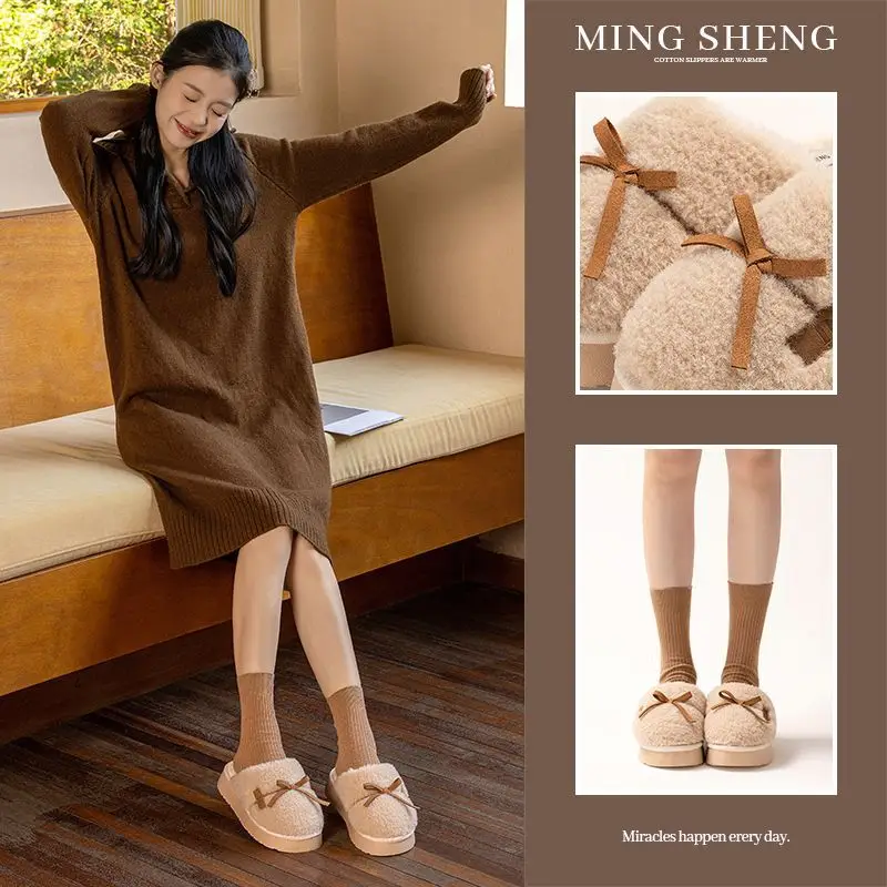 Ming Sheng Black Faux Fur Bow Slippers Winter Comfort - Image 5
