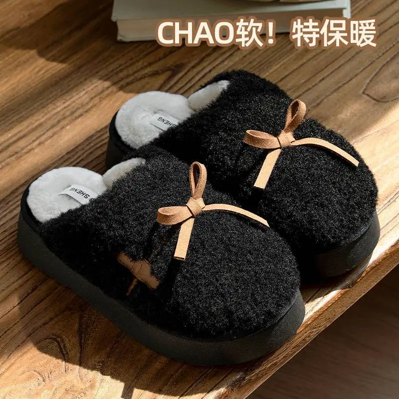 Ming Sheng Black Faux Fur Bow Slippers Winter Comfort - Image 8