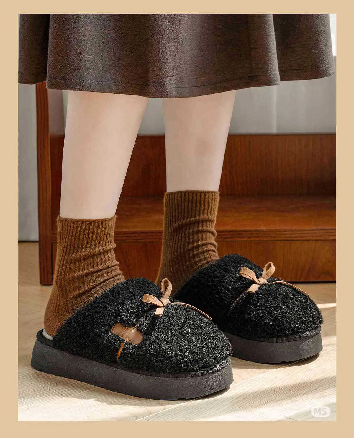 Ming Sheng Black Faux Fur Bow Slippers Winter Comfort — feature 8