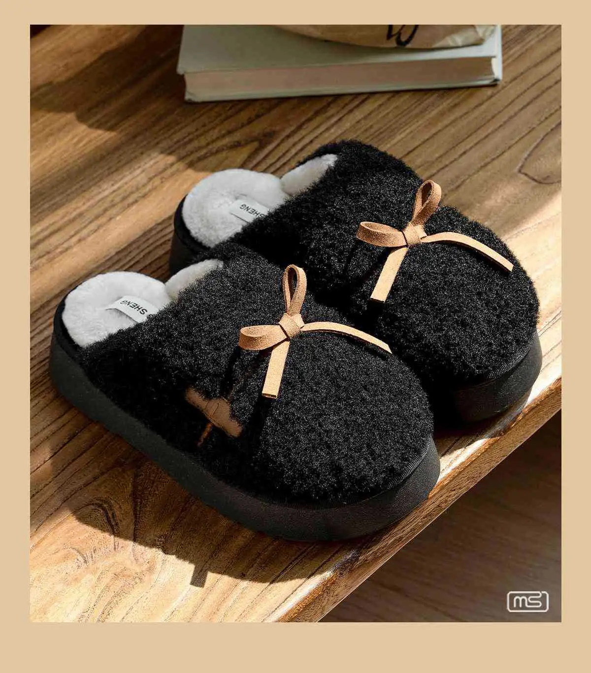 Ming Sheng Black Faux Fur Bow Slippers Winter Comfort — feature 9