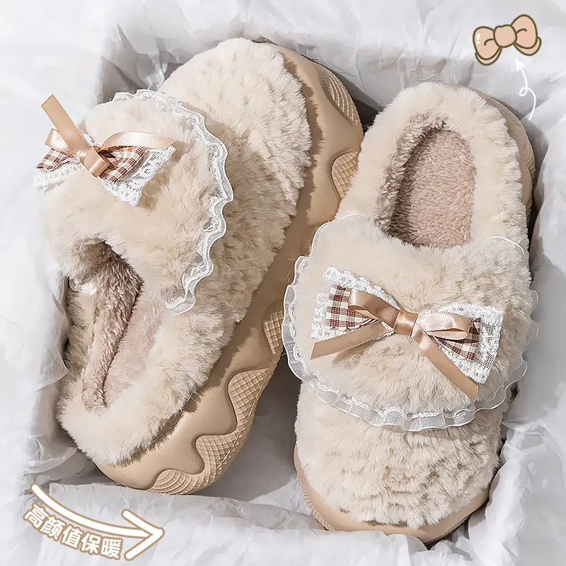 Pink Fairy Style Cotton Slippers for Women 6cm Thick Winter Fleece Lined - Image 2