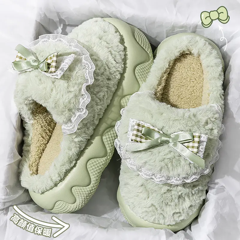 Pink Fairy Style Cotton Slippers for Women 6cm Thick Winter Fleece Lined - Image 3