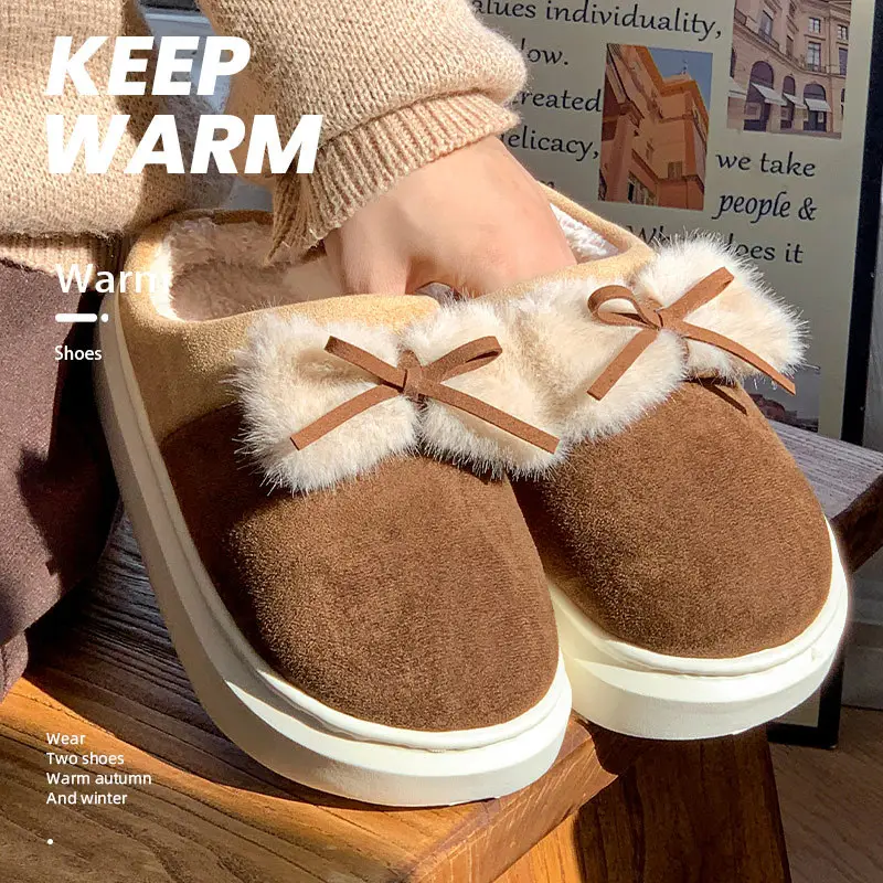 Women Winter Bow Slippers Warm Fleece Lined Black