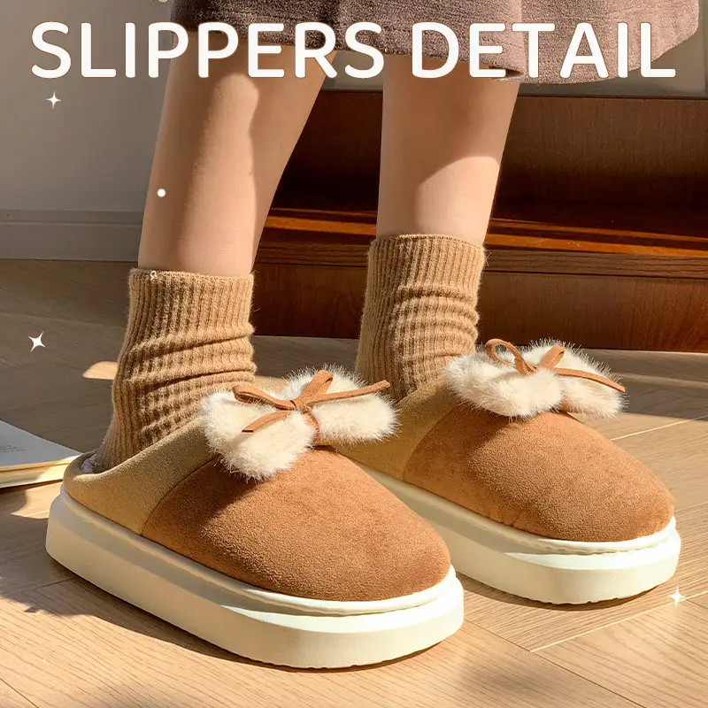 Women Winter Bow Slippers Warm Fleece Lined Black
