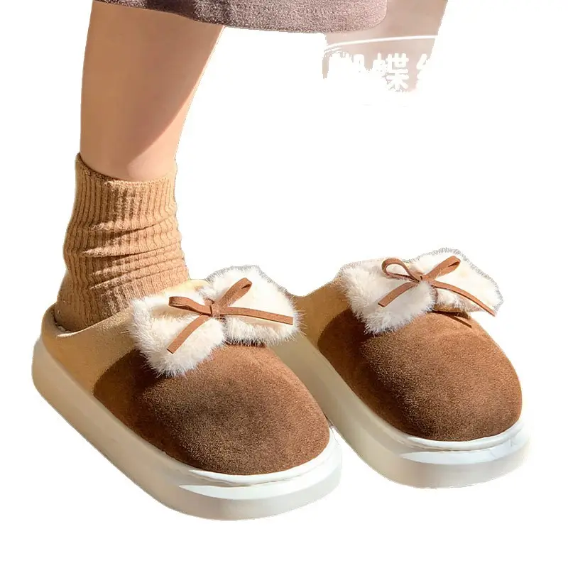 Women Winter Bow Slippers Warm Fleece Lined Black