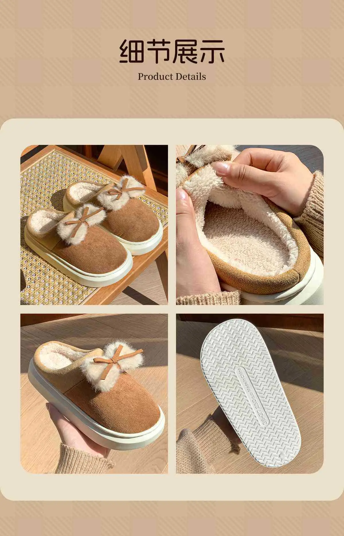 Women Winter Bow Slippers Warm Fleece Lined Black — feature 10