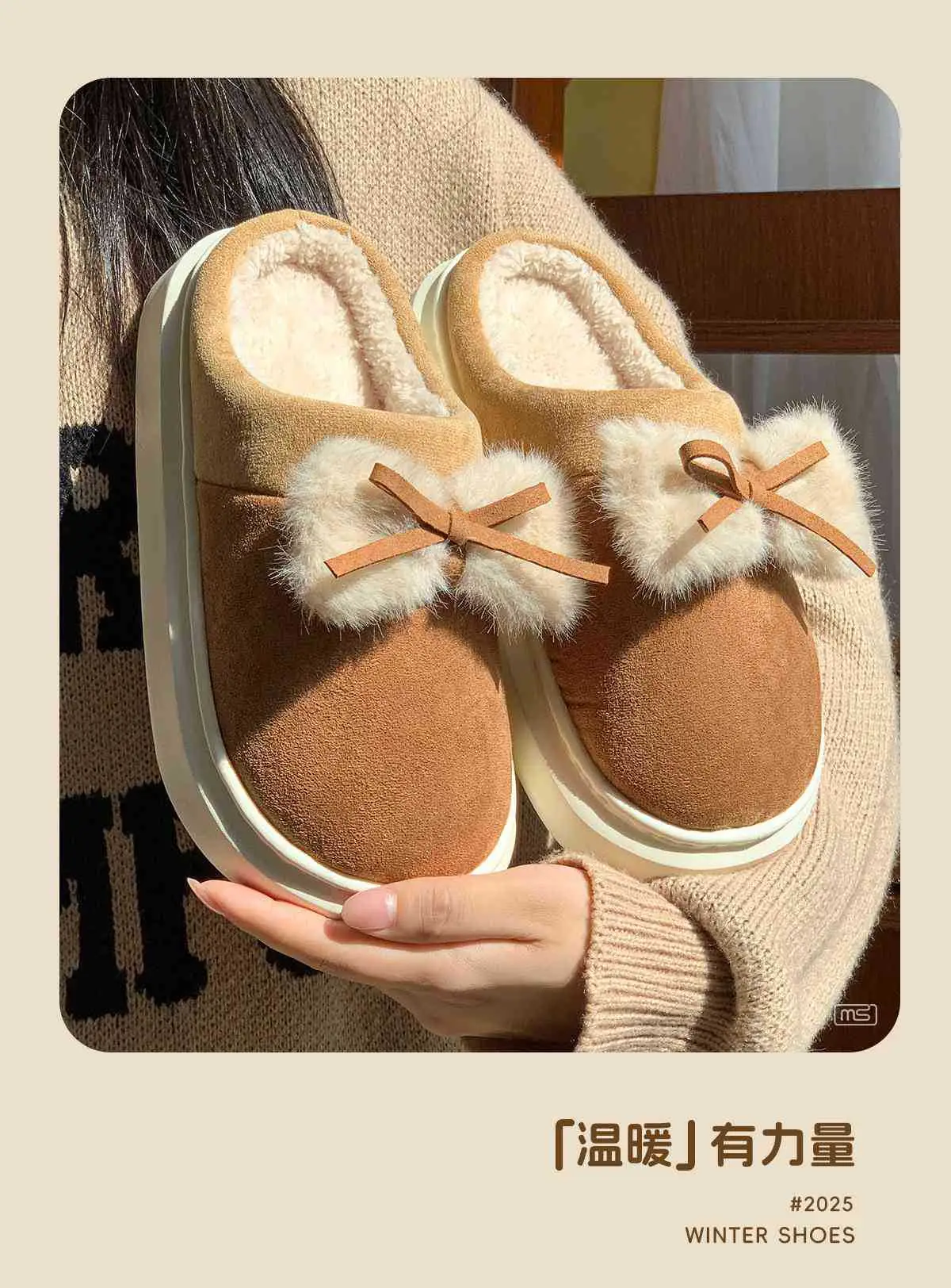 Women Winter Bow Slippers Warm Fleece Lined Black — feature 3