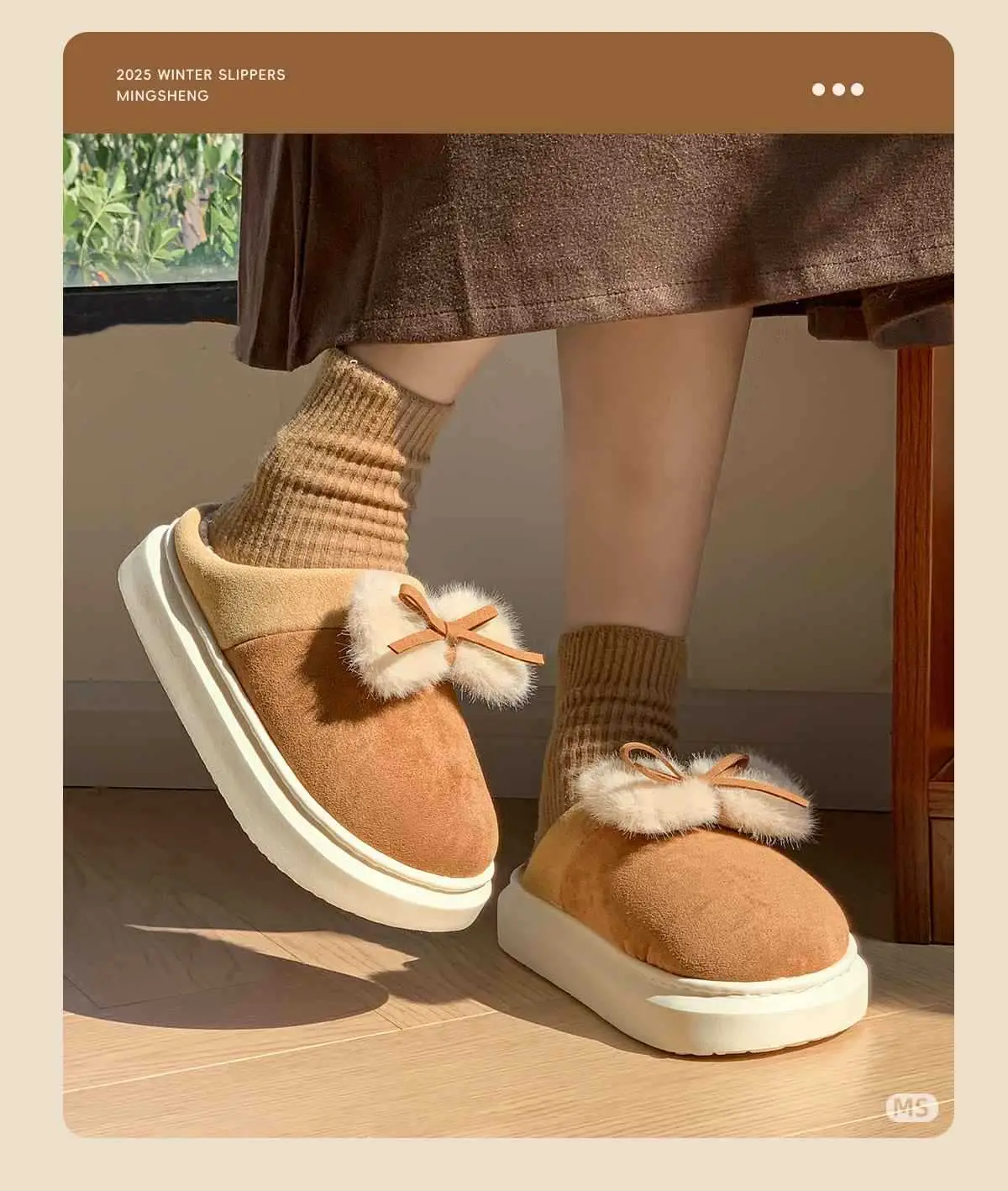 Women Winter Bow Slippers Warm Fleece Lined Black — feature 4