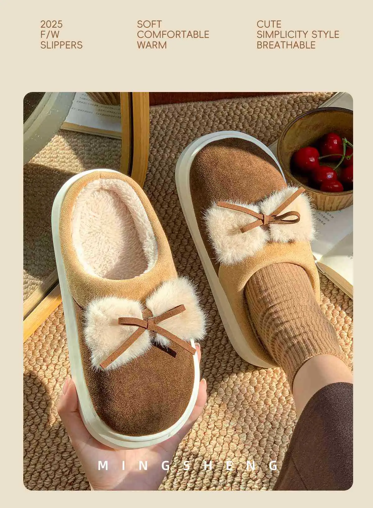 Women Winter Bow Slippers Warm Fleece Lined Black — feature 5