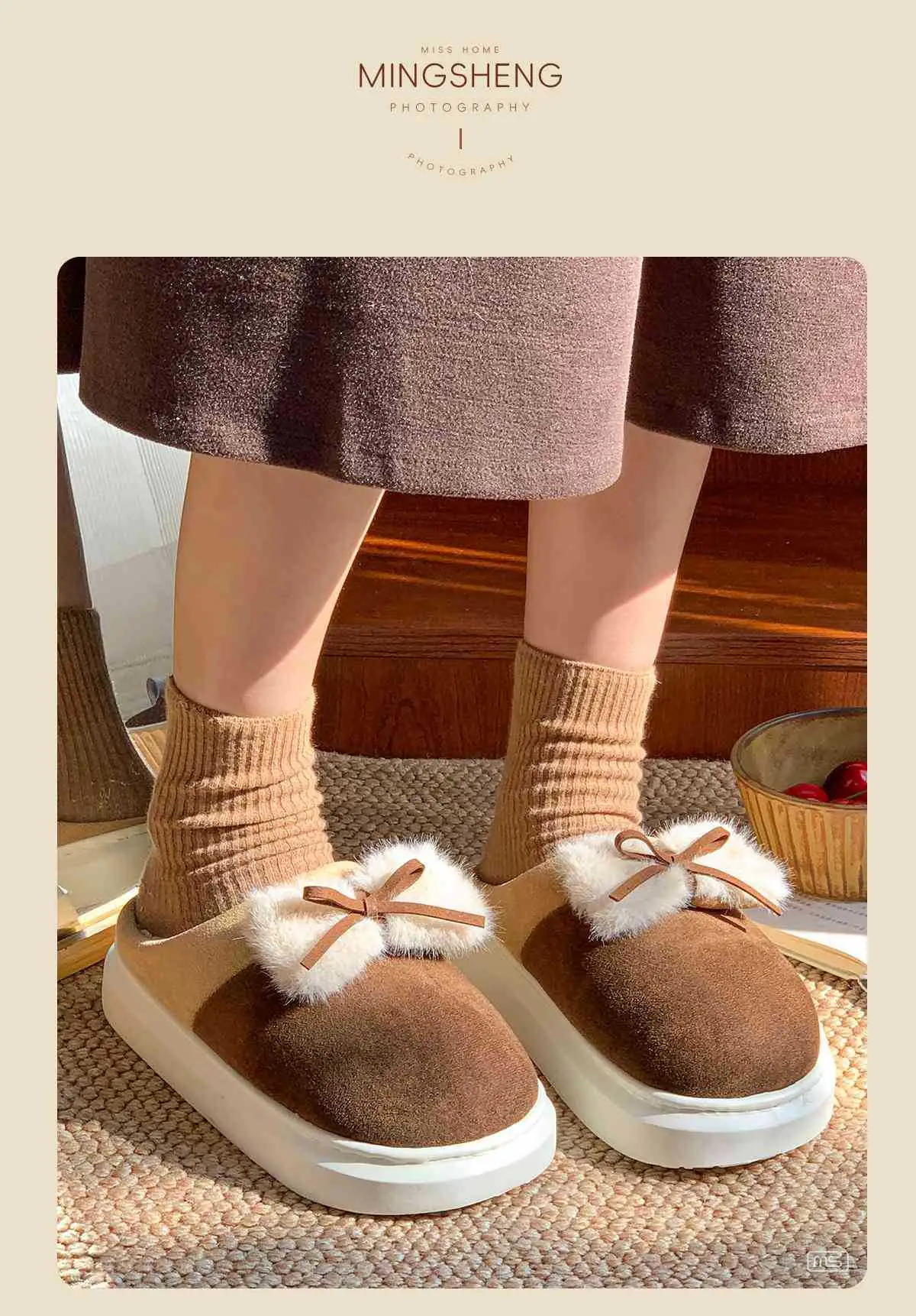 Women Winter Bow Slippers Warm Fleece Lined Black — feature 6