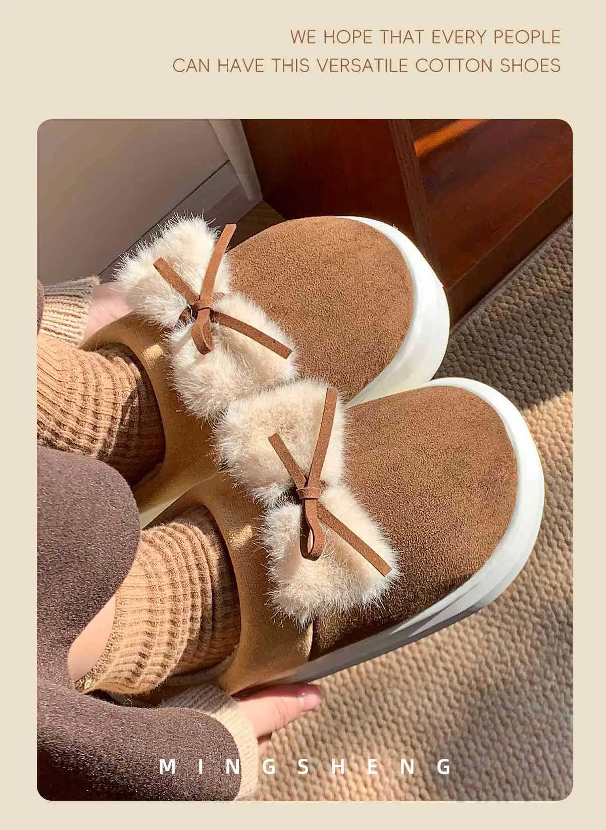Women Winter Bow Slippers Warm Fleece Lined Black — feature 7