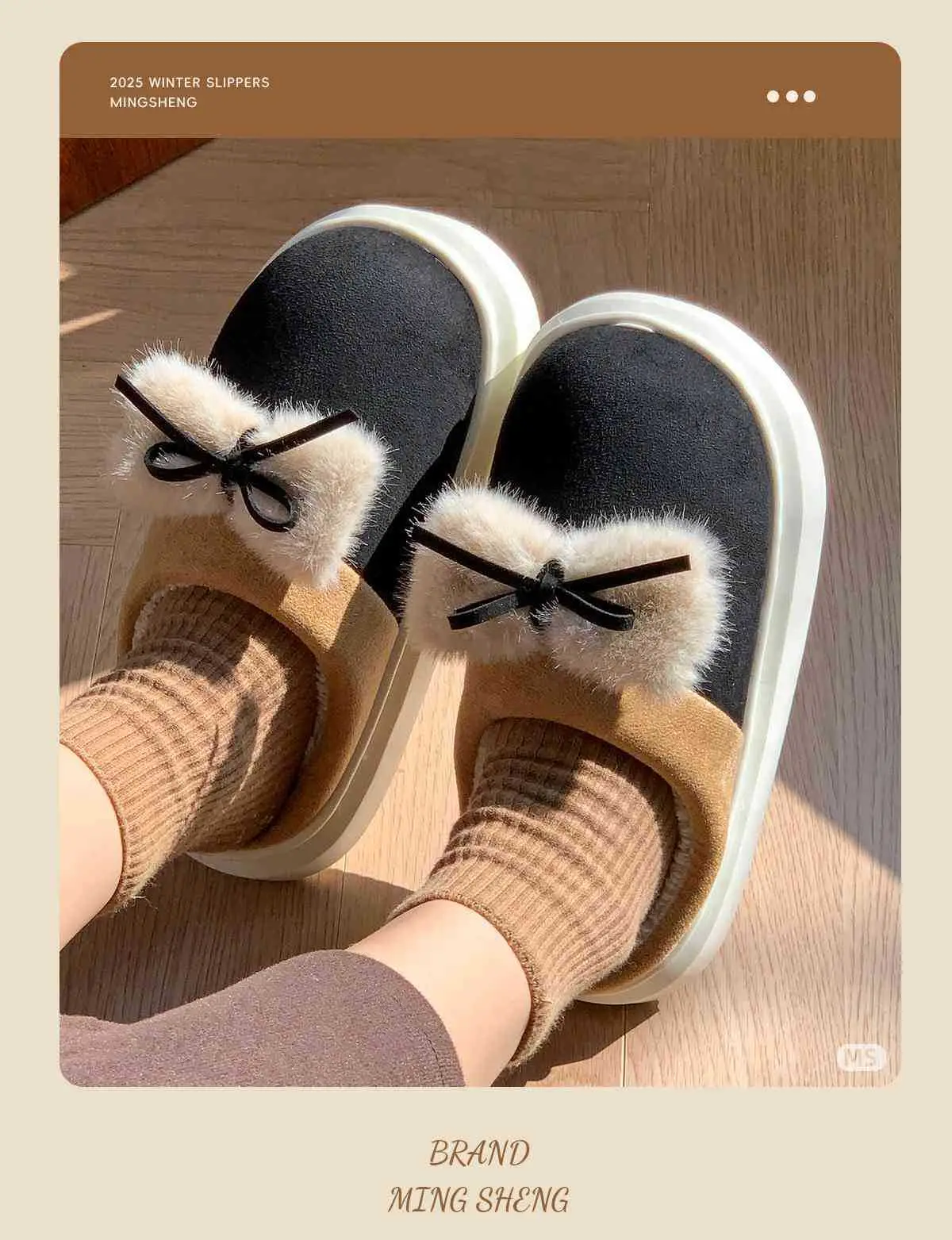 Women Winter Bow Slippers Warm Fleece Lined Black — feature 8