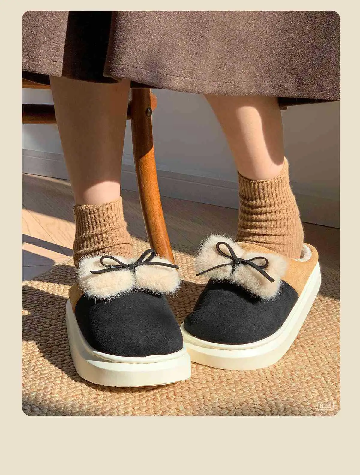 Women Winter Bow Slippers Warm Fleece Lined Black — feature 9