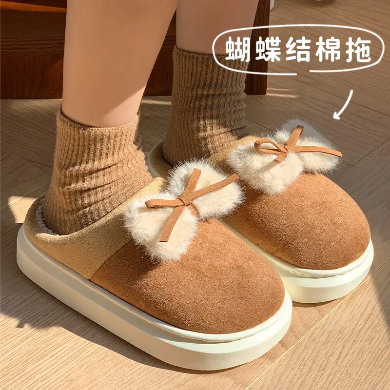 Women Winter Bow Slippers Warm Fleece Lined Black