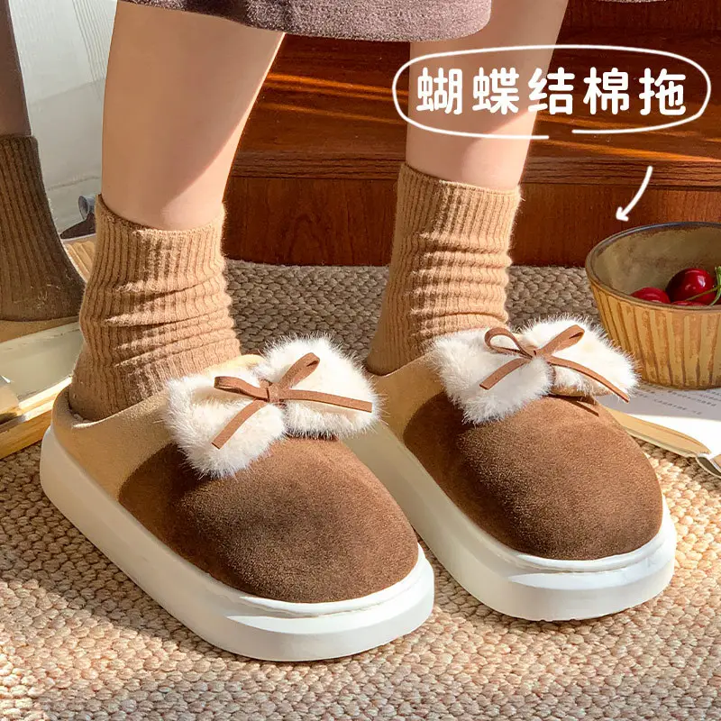Women Winter Bow Slippers Warm Fleece Lined Black