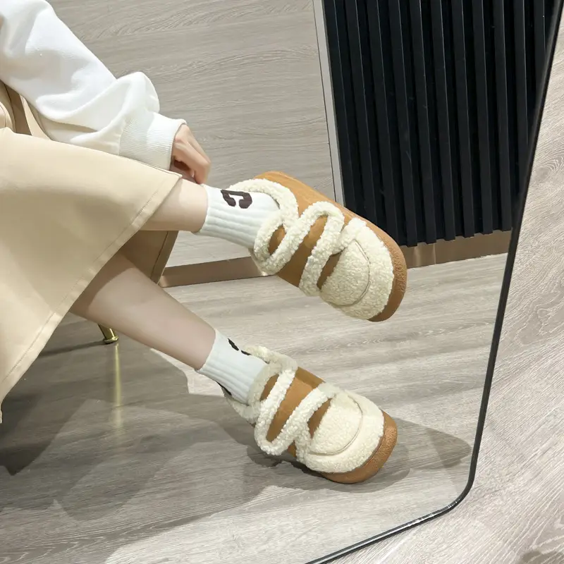 Warm Plush Cotton Slippers Black White for Kids - Image 5