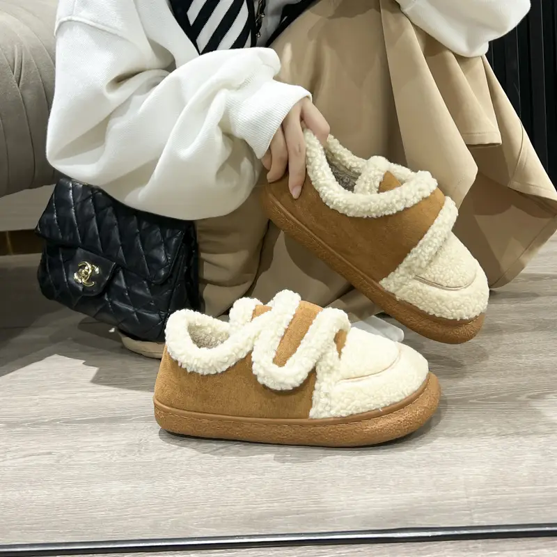 Warm Plush Cotton Slippers Black White for Kids - Image 2