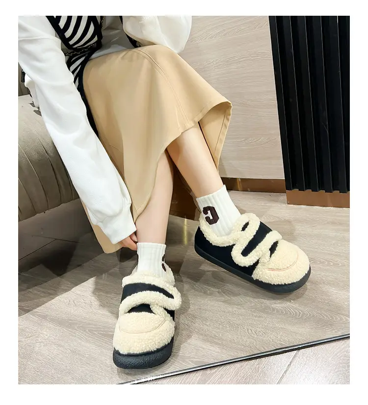 Warm Plush Cotton Slippers Black White for Kids — feature 1