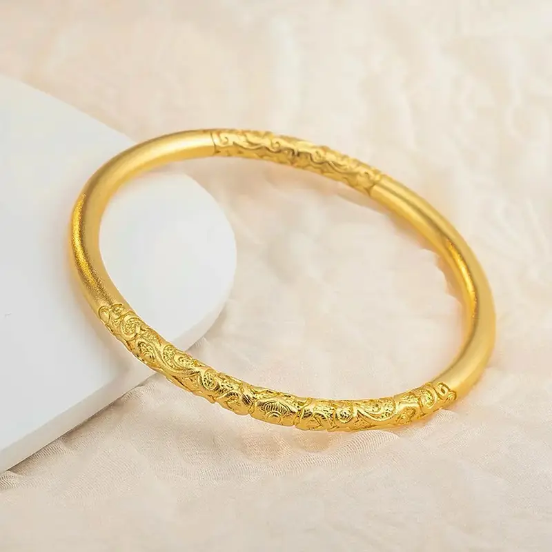 Ancient Heritage Curly Pattern Gold Hoop Bracelet for Women Vietnamese Sand Gold Plain Circle Bauhinia Pattern Curly Pattern Solid Bracelet Palace