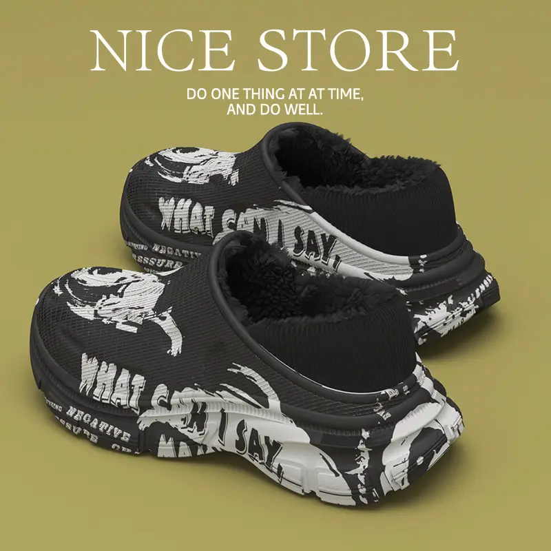 Dad-Style Cotton Slippers Winter 2025 Thick Soled Black