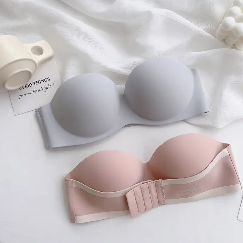 Summer Nylon Simple Casual Strapless Seamless Bra with Beautiful Back Design, Wireless Thin Molded Cup Lingerie Bra