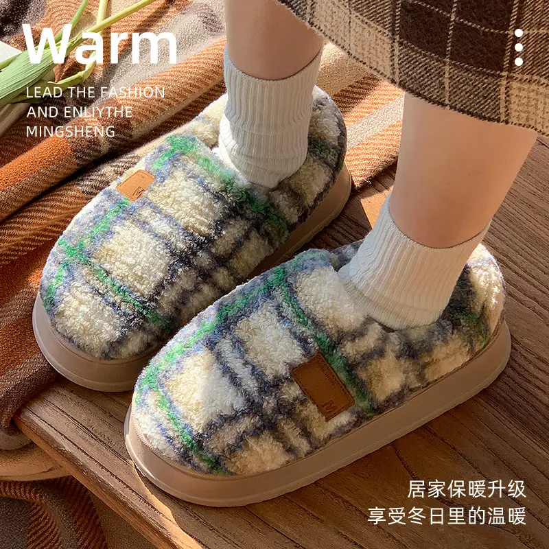2025 Winter Plaid Fleece Lined Women Slippers - Image 4