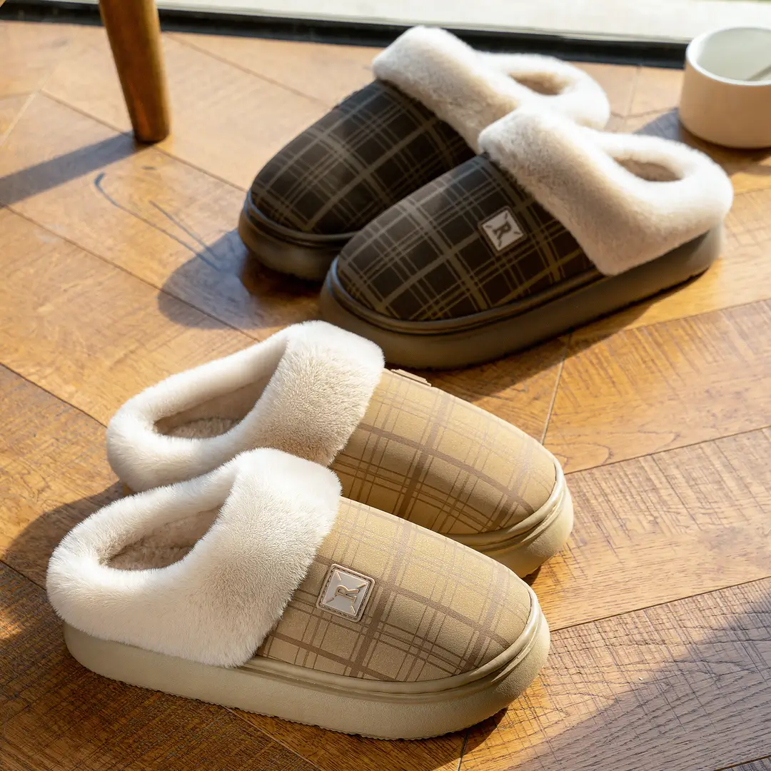 Pu Leather Waterproof Cotton Slippers for Women in Autumn and Winter Home Thick-Soled Non-Slip Fleece-Lined Warm High-Bottom Comfortable Cotton Slippers for Men - Image 7