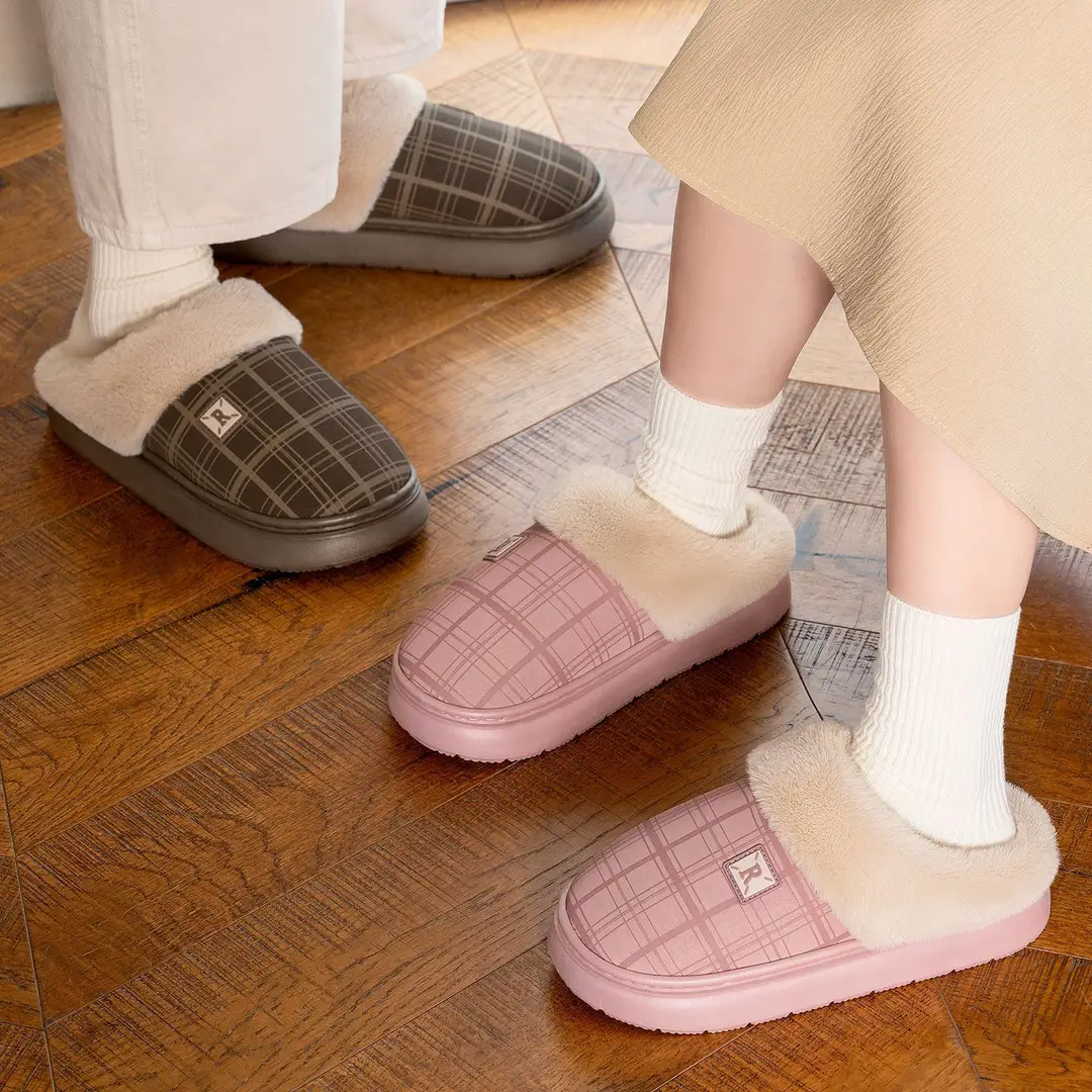 Pu Leather Waterproof Cotton Slippers for Women in Autumn and Winter Home Thick-Soled Non-Slip Fleece-Lined Warm High-Bottom Comfortable Cotton Slippers for Men - Image 8