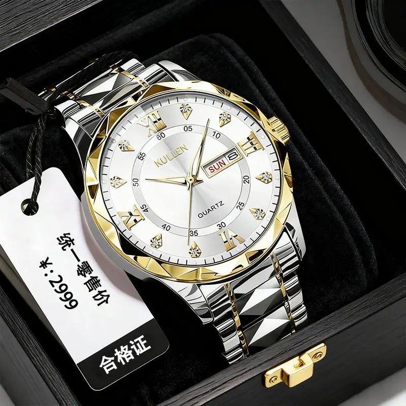 New Dual-Calendar Men's Business Watch, High-End Luminous Diamond-Encrusted British Watch, Popular Men's Fully Automatic Watch